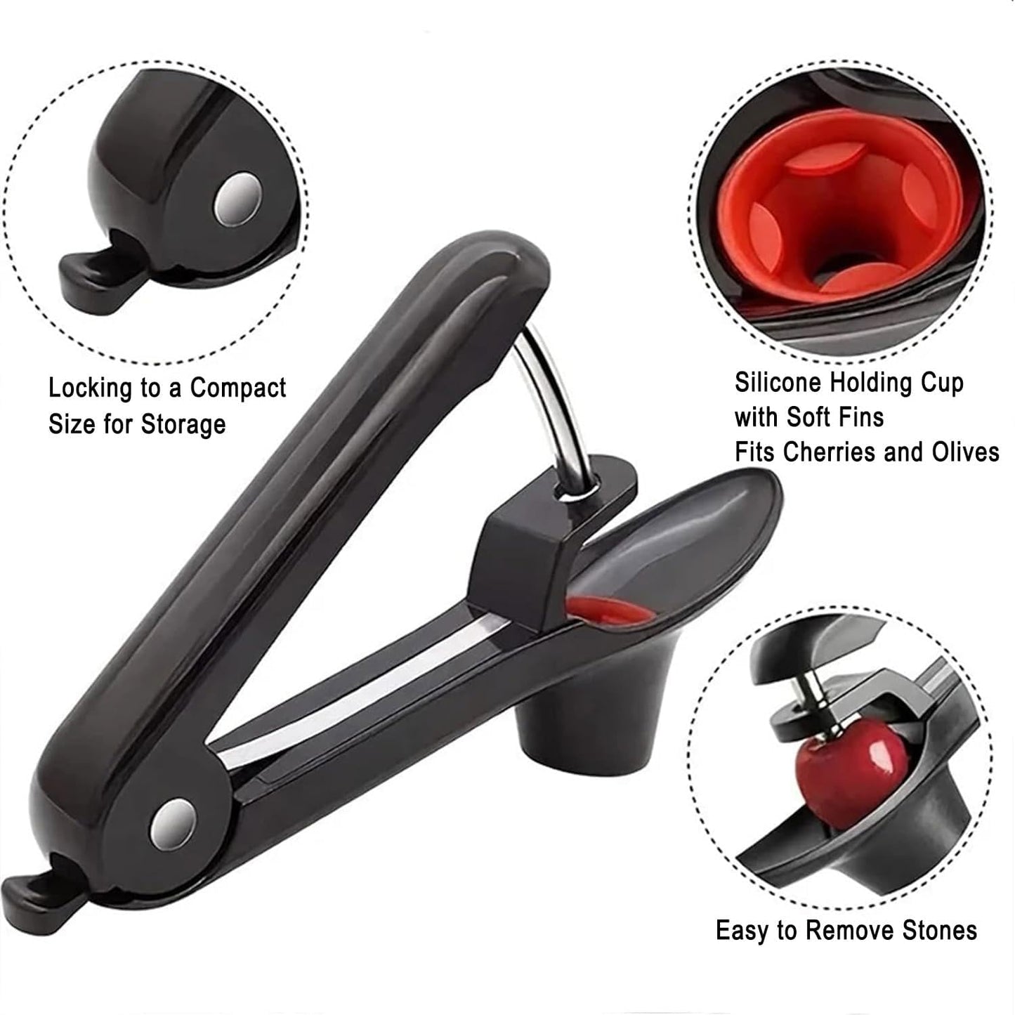 Cherry Olive Pitter Tool with Lock - Dishwasher Safe Single-Hand Operation Pit Remover for Easy Stone Removal & Juice Splatter Prevention