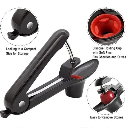Cherry Olive Pitter Tool with Lock - Dishwasher Safe Single-Hand Operation Pit Remover for Easy Stone Removal & Juice Splatter Prevention