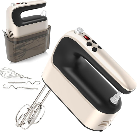 Yomelo 9-Speed Digital Hand Mixer Electric, 400W Powerful DC Motor, Hand Mixer Electric Handheld with Snap-On Storage Case, 5 Stainless Steel Accessories, Beaters, Dough Hooks, Whisk(Ice Blue/Black)