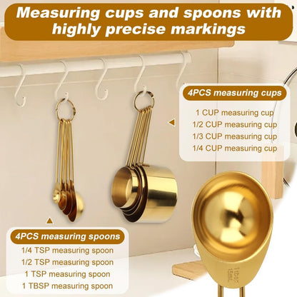 8pcs Measuring Cups and Spoons Set, Stainless Steel Measuring Cup Coffee Spoon Kitchen Gadgets, Stackable Measurin-g Cup Cooking Baking Accessories, Easy To Read(COLOR:gold)