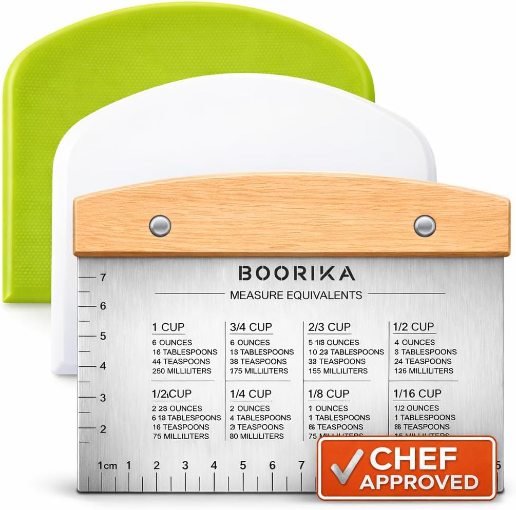 BOORIKA Dough Scraper & Bench Scraper Kitchen – Stainless Steel Sourdough Tools – Dough Cutter for Sourdough Bread, Pizza, and Flat Top Griddles – Chef Approved (Light)