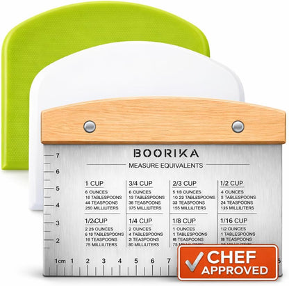 BOORIKA Dough Scraper & Bench Scraper Kitchen – Stainless Steel Sourdough Tools – Dough Cutter for Sourdough Bread, Pizza, and Flat Top Griddles – Chef Approved (Light)
