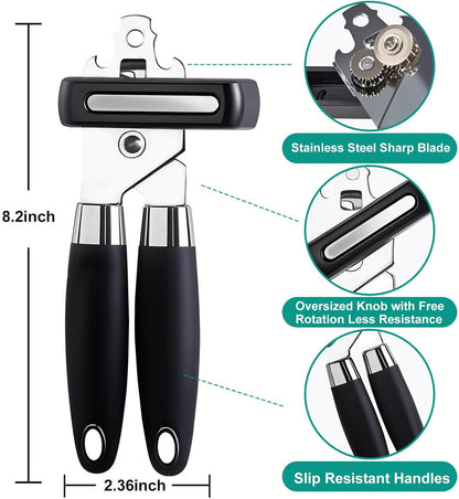 Multifunctional Stainless Steel Manual Can Opener and Bottle Opener, Heavy Duty Hand Held Can Opener with Easy Turn Knob, Sharp Blade Smooth Edge, Good Grips Kitchen Tool for Seniors, Black