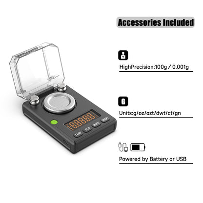 Milligram Scale 100g x 0.001g, MG Powder Scale with Selectable Auto Off, Built-in Bubble Level, 20g Calibration Weight Included, USB/Battery