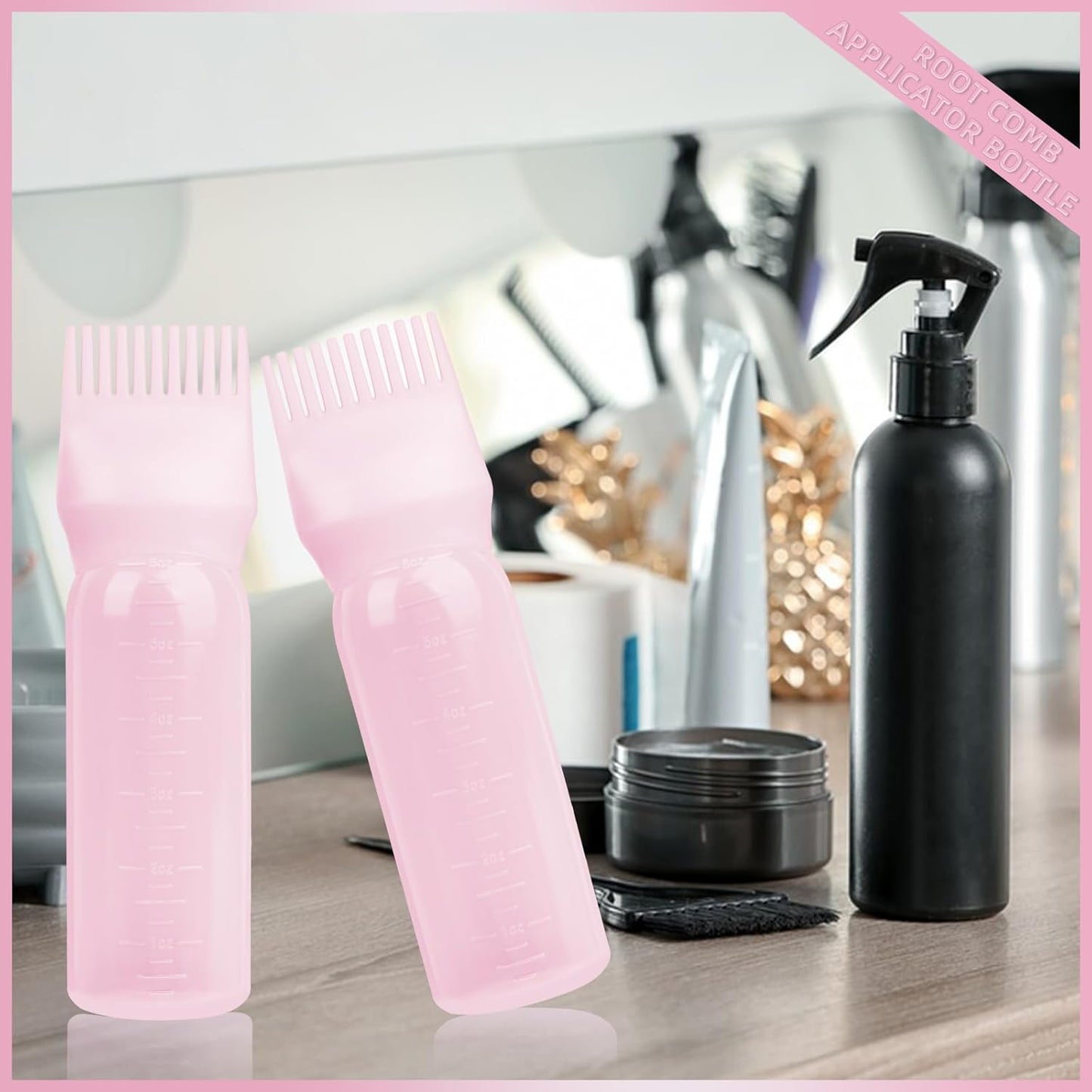 2Pack Root Comb Applicator Bottle - 6 Oz Hair Oil Applicator, Dye Bottle Tools with Oil Dispenser & Root Comb Brush - Pink