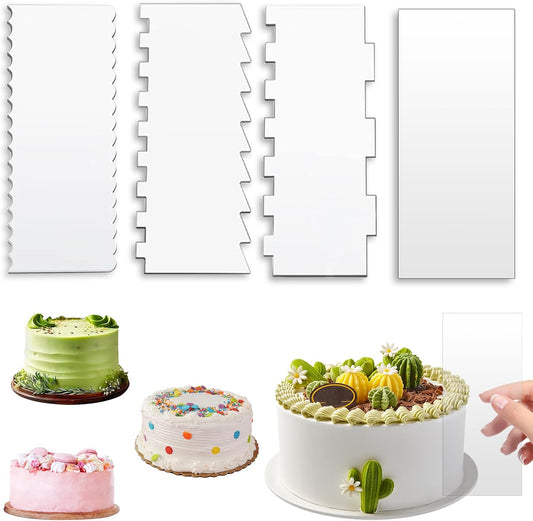 Cake Scraper, 4PCS Clear Acrylic Icing Smoother Stripes Cake Decorating Comb, Edge Smoother Tool for Mousse Butter Cream Decoration, DIY Kitchen Baking Tool
