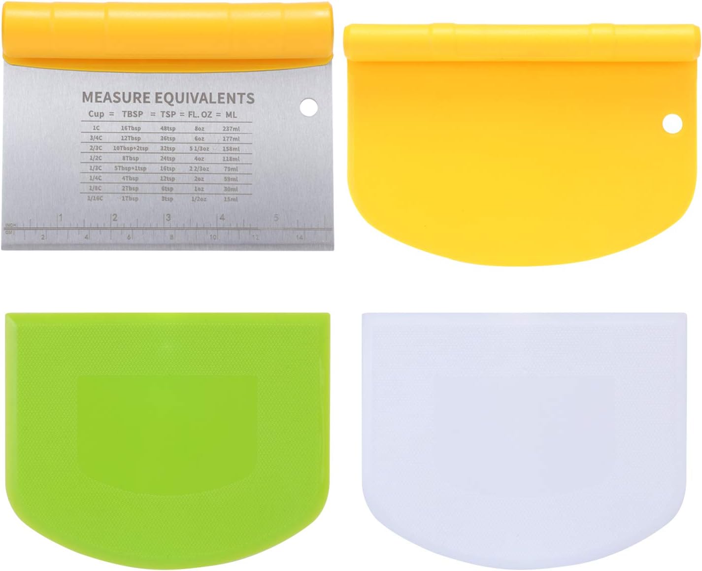 Suanyok Bench Scraper-Stainless Steel Dough Scraper and Flexible Plastic Bowl Scraper 4-Piece Set-Bread/Pastry/Pizza Cutter, Multifunctional 2-in-1 Baking Tools With Measurement Marks