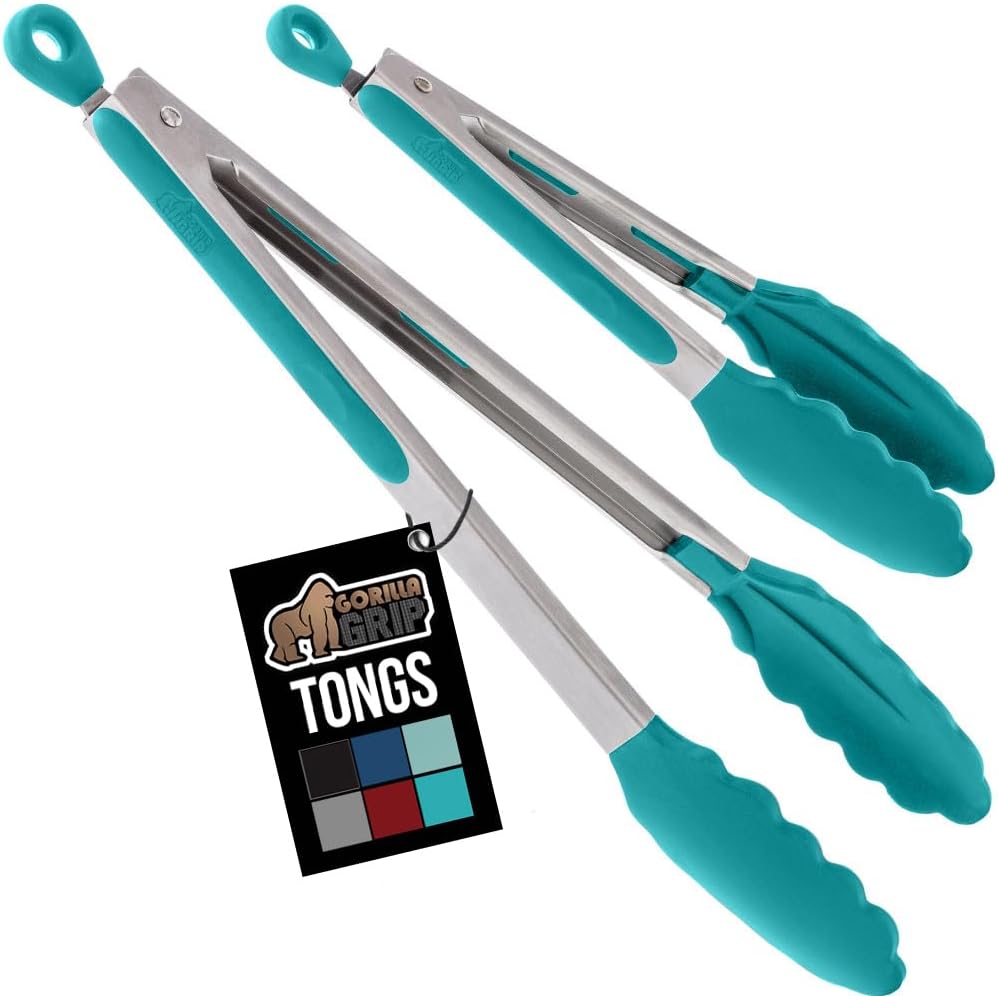 GORILLA GRIP Stainless Steel Heat Resistant Kitchen Tongs for Cooking, Set of 2 BBQ Tong, Non Scratch Silicone Tip for Pans, Strong Grip, Grab Food, Toss Salad, Air Fryer, Pull Lock, 7 + 9 Inch, Black