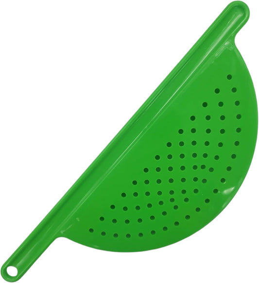 Handy Housewares Handheld Plastic Pot Drainer, Noodle & Pasta Strainer with Handle - Fits up to 9" Pots - Red