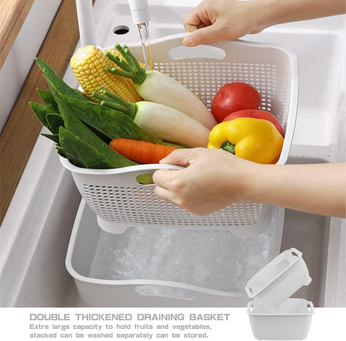 Double-layer Plastic Fruits Vegetable Washing Basket Food Storage Multi-layer Stackable Vegetable Sinks Wash Drain Basket for Kitchen (White)