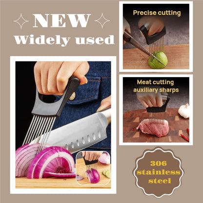 Onion Slicer and Holder Set (2-Pack) - Hands-Free Secure Slicing Tool for Onions, Tomatoes, Potatoes, Avocados, Eggs, Fruits & Meat - Ideal for Home Cooks and Professional Chefs