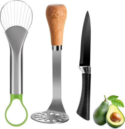 Avocado Slicer Tool 3 in 1, Stainless Steel Avocado Cutter Tool Set, Avocado Masher & Avocado Peeler Tools, Multi-Function Avocado Smasher Tools for Slicing, Scooping and Pit Removal