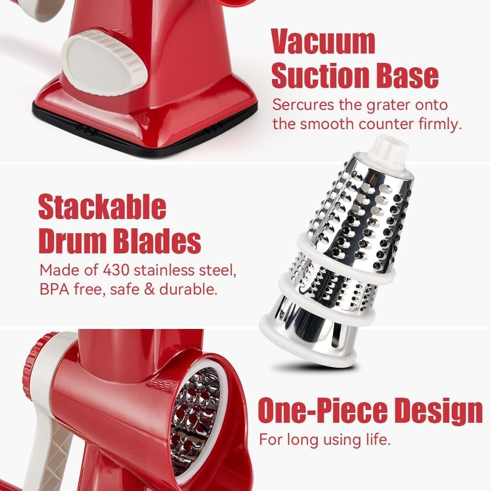 KEOUKE Rotary Cheese Grater Hand Crank Transparent - Shredder Slicer Grinder 3 Stainless Steel Blades, Stable Suction, Labor-Saving Handle, Safe Kitchen Tool for Cheese, Vegetable, Nuts, Chocolate