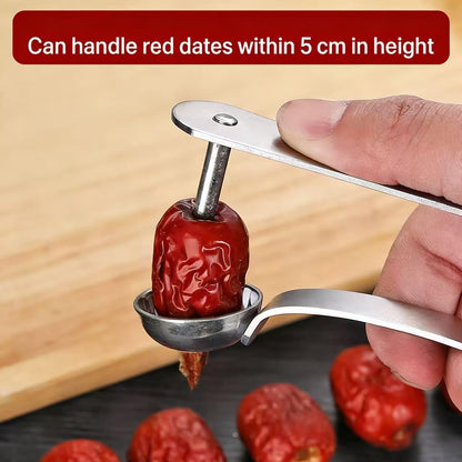 Stainless Steel Red Date Pitter, Multifunctional Cherry & Jujube Core Remover Tool with Round Bowl Holder, Hanging Design for Easy Storage