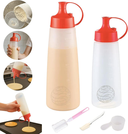 Pancake Batter dispenser bottle, Pancake Mixer and Dispenser with Whisk Ball, Batter Mixer Bottle for Pancakes Waffles Cupcakes Crepes (500ml+400ml)