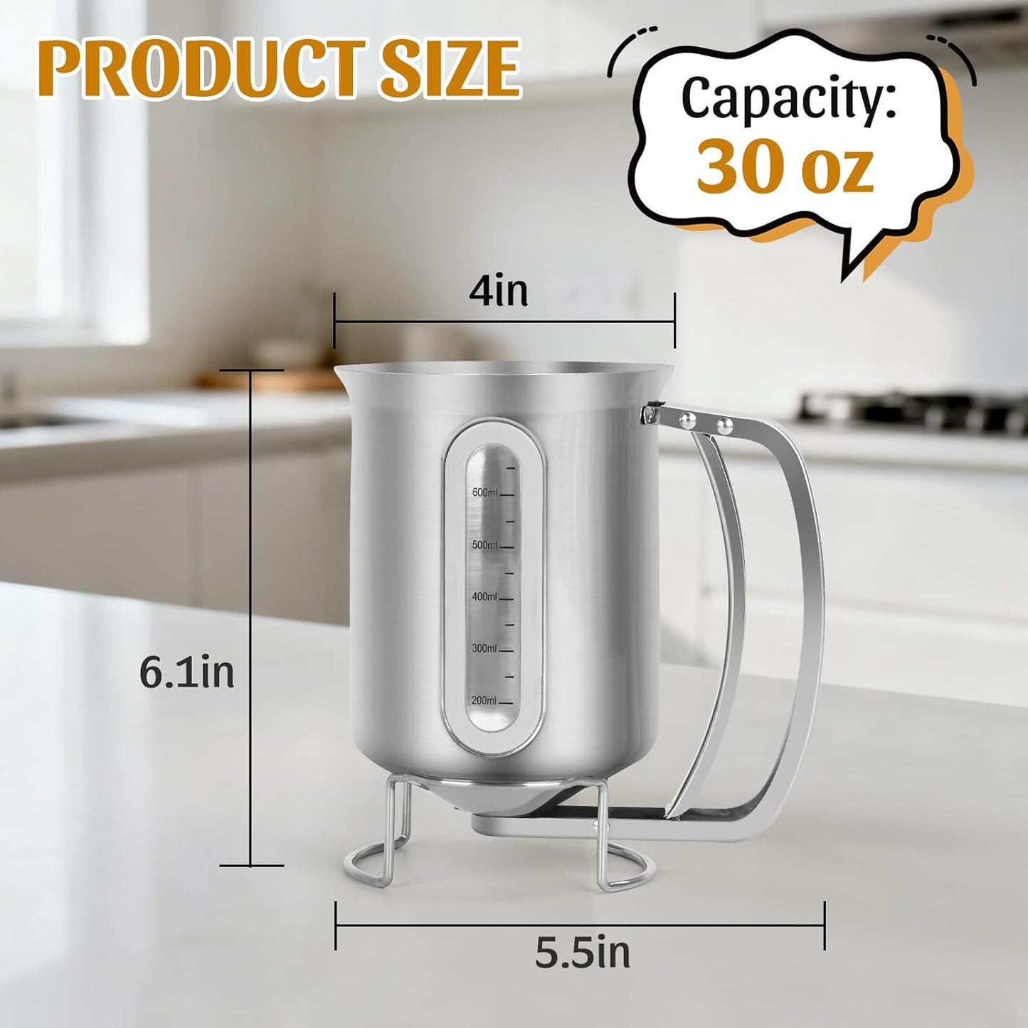 30 OZ Pancake Batter Dispenser with Viewing Window Stainless Steel Batter Dispenser for Baking Cupcakes,Muffins,Cooking,Crepes,Waffles (Stainless Steel)