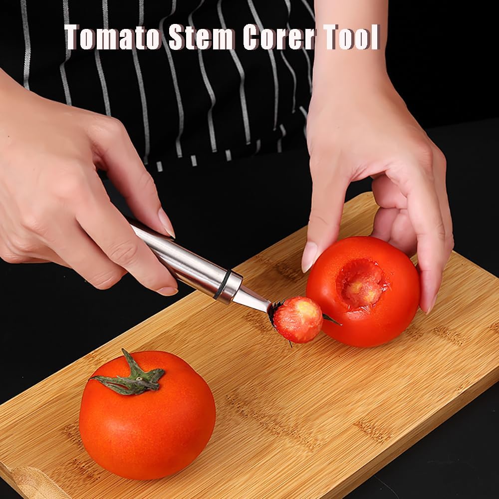 2PCS Stainless Steel Strawberry Huller and Tomato Stem Corer Tool,Fruit Stem Corer Remover Tool with Serrated Slice,Multi-Function Corer Pitter Remover Gadgets Kitchen Tool