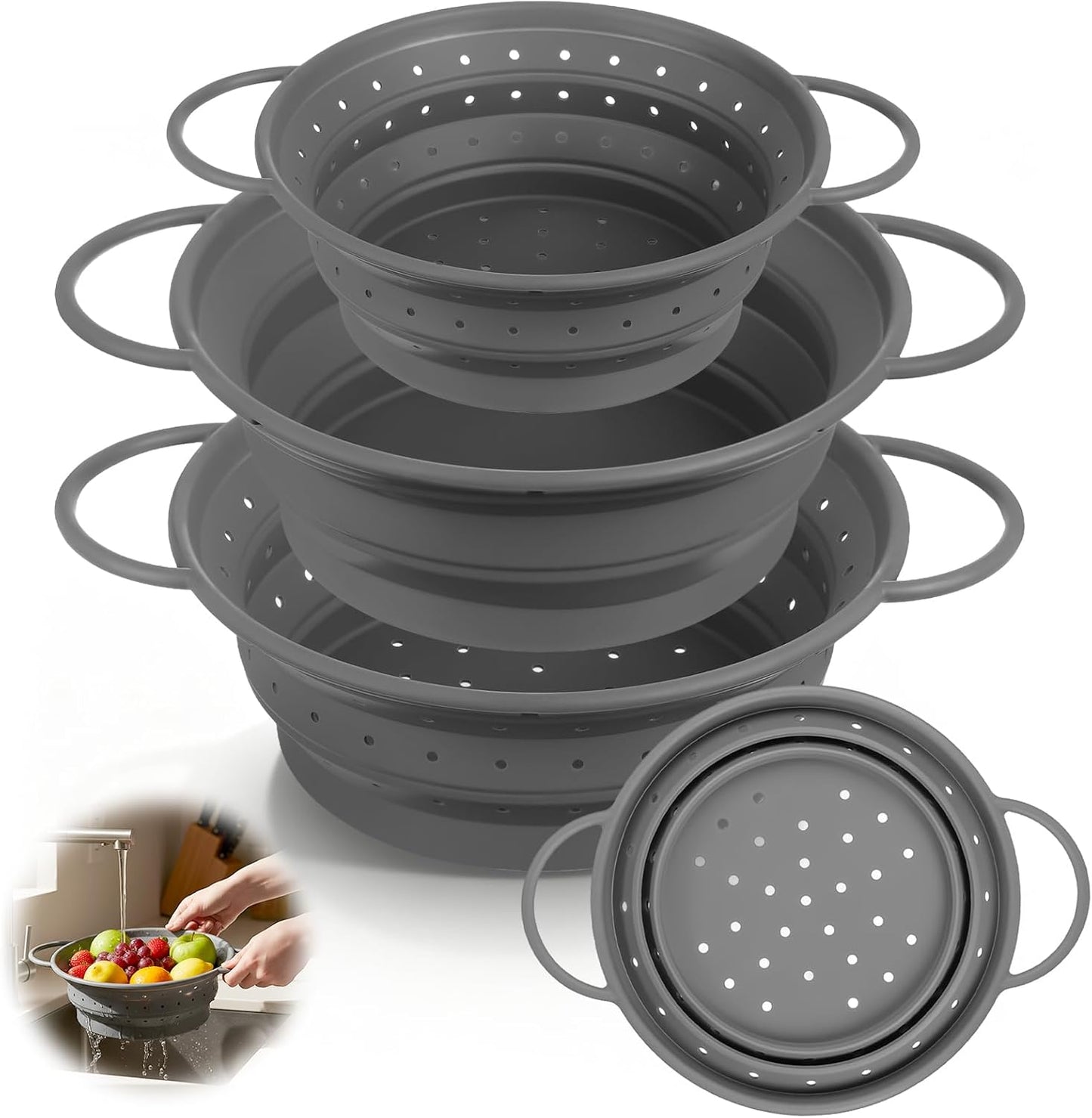 3 Pack Collapsible Colander with Strainer Bowl Set, 11 & 13 In BPA-Free Silicone Colanders for Kitchen, Heat-Resistant Space-Saving Strainer Dishwasher Safe Baskets for Vegetable Fruits(Grey)
