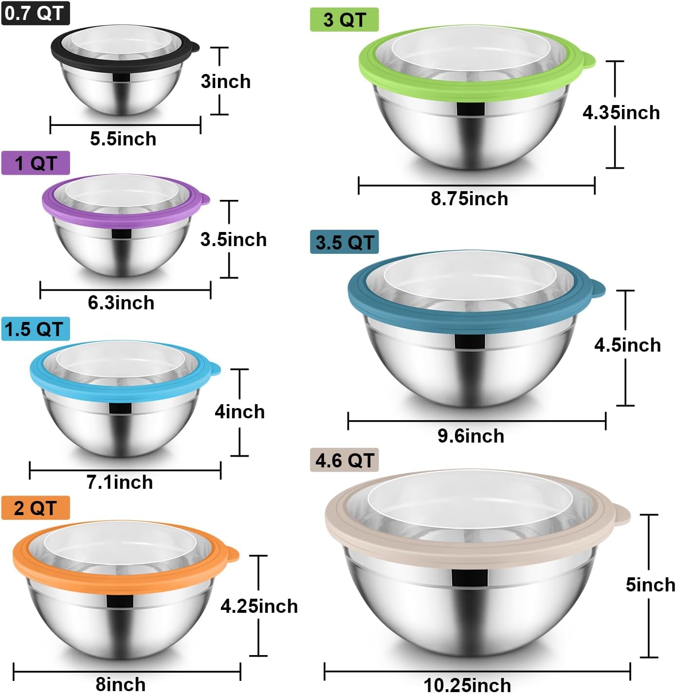 E-far Stainless Steel Mixing Bowls with Airtight Clear Lids Set of 7, Metal Nesting Bowls for Kitchen Prep, Baking, Cooking, Serving, Salad, Dishwasher Safe, Size 4.6, 3.5, 3, 2, 1.5, 1, 0.7QT, Khaki