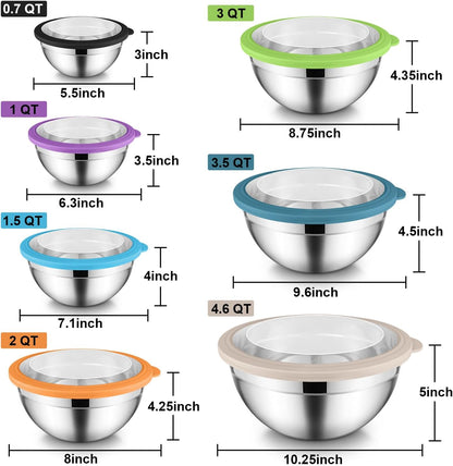 E-far Stainless Steel Mixing Bowls with Airtight Clear Lids Set of 7, Metal Nesting Bowls for Kitchen Prep, Baking, Cooking, Serving, Salad, Dishwasher Safe, Size 4.6, 3.5, 3, 2, 1.5, 1, 0.7QT, Khaki