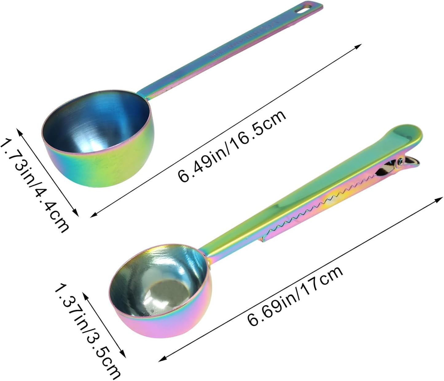yueton 1Set Rainbow Coffee Scoop 1 Tablespoon 2 Tablespoon Stainless Steel Long Handles Round Measuring Coffee Spoons with Clip for Coffee Bean Tea Powder Baking