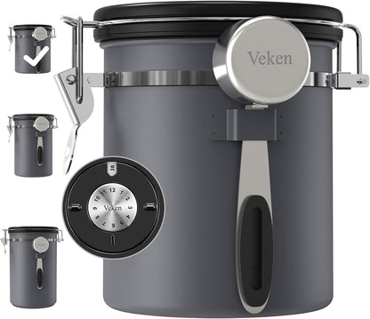 Veken Coffee Canister, Airtight Stainless Steel Kitchen Food Storage Container with Date Tracker and Scoop for Beans, Grounds, Tea, Flour, Cereal, Sugar, Cookie, 16OZ, Cream
