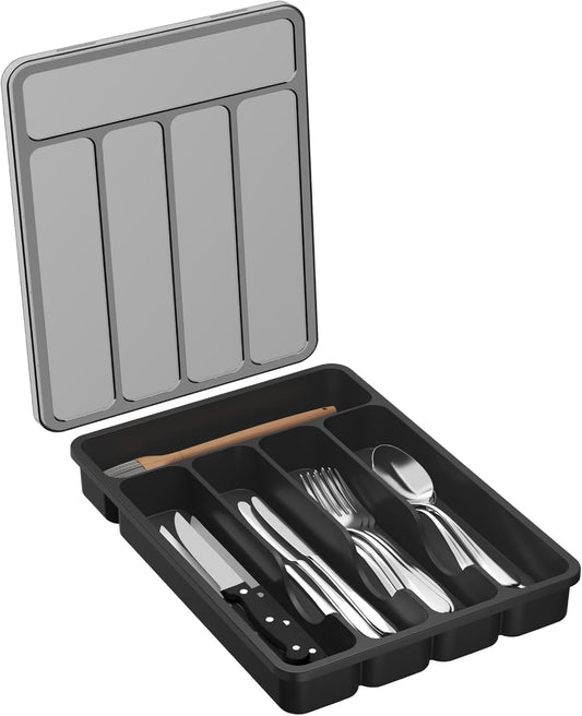 Lifewit Silverware Organizer with Lid, Covered Utensil Tray for Kitchen Drawer and Countertop, Plastic Cutlery and Flatware Storage Box for Spoons Forks Knives Holder Case, 12.6x11.8", Gray