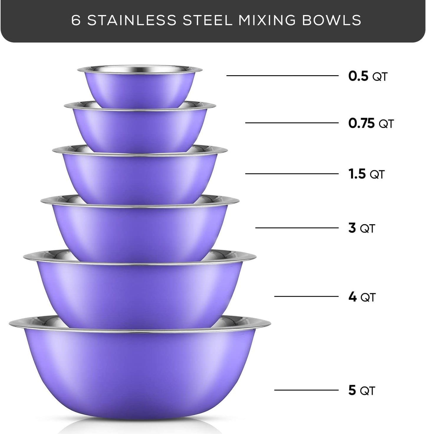 JoyJolt Stainless Steel Mixing Bowl Set of 6-5qt to 0.5qt Nesting Bowls for Dough, Batter & Baking
