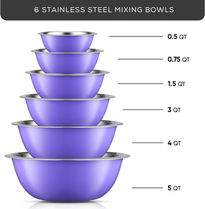 JoyJolt Stainless Steel Mixing Bowl Set of 6-5qt to 0.5qt Nesting Bowls for Dough, Batter & Baking
