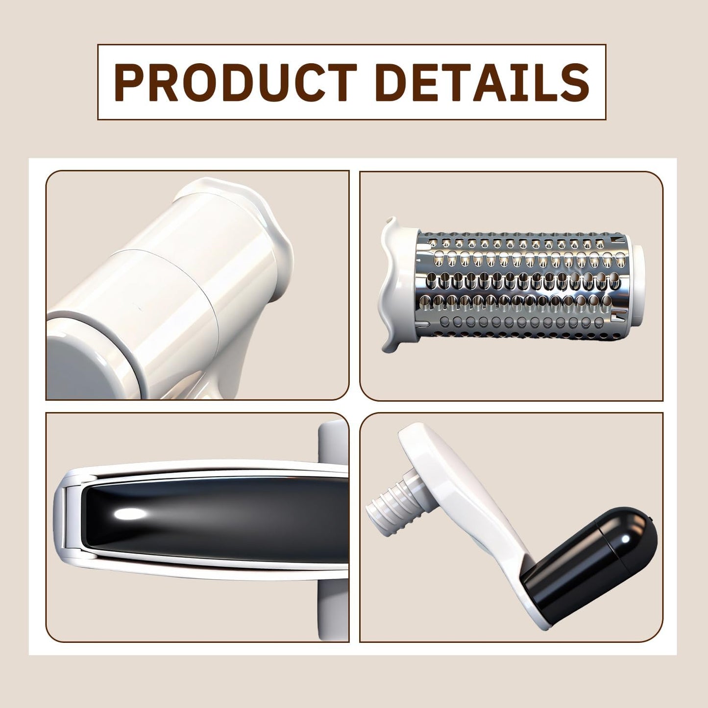 Classic Rotary Cheese Grater,Hand Crank Cheese Shredder- Vegetable, Chocolate, Hard Cheese & Nut Grater – White
