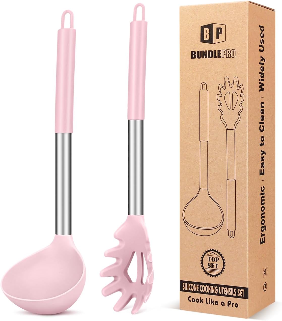 Silicone Pasta Fork and Ladle Spoon Set, Large Non Stick Kitchen Utensils for Cooking,Stirring,Serving Spaghetti, Soup, Sauce (GRAY)