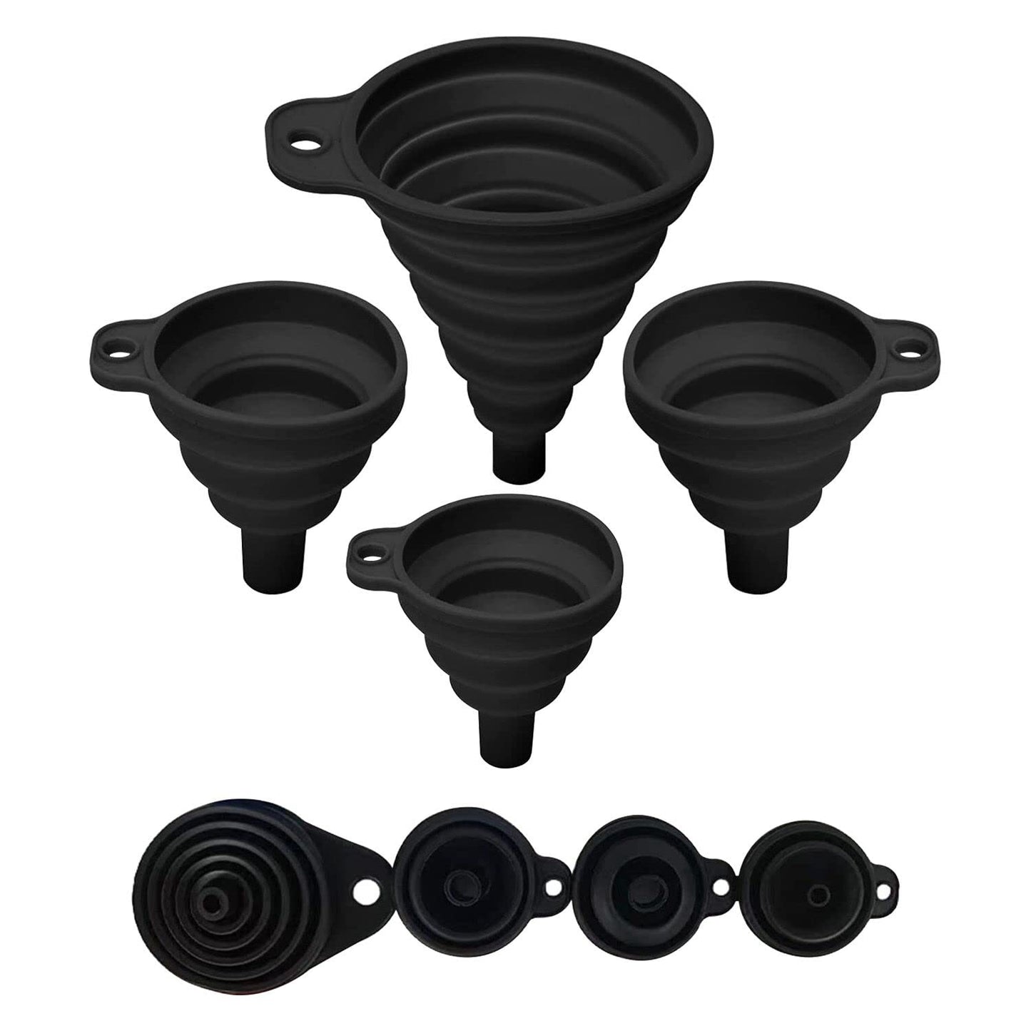 Set of 4 Silicone Collapsible Kitchen Funnel - X-Small to Large Sizes for Easy Liquid Transfer Food Grade Silicone Collapsible Gadgets (Multicolor)