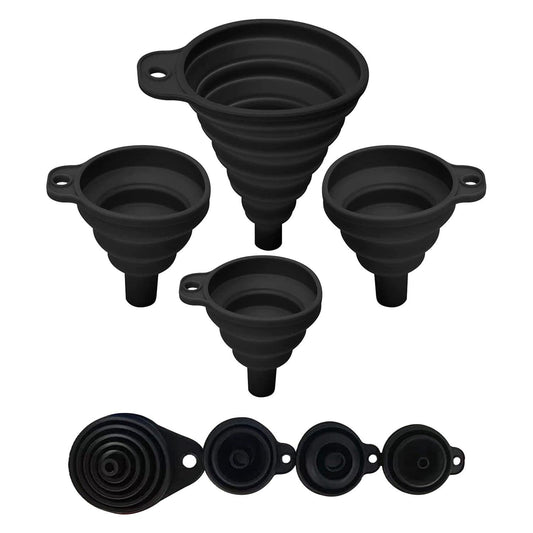 Set of 4 Silicone Collapsible Kitchen Funnel - X-Small to Large Sizes for Easy Liquid Transfer Food Grade Silicone Collapsible Gadgets (Multicolor)