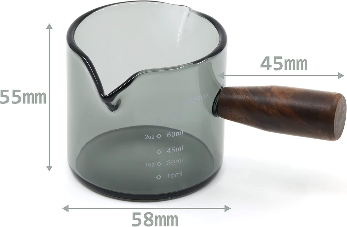 Amber 3.5oz Espresso Shot Glass Double Spouts with American Walnut Handle, Double Spout Glass Measuring Cup, Milk Frothing Pitcher