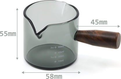 Amber 3.5oz Espresso Shot Glass Double Spouts with American Walnut Handle, Double Spout Glass Measuring Cup, Milk Frothing Pitcher