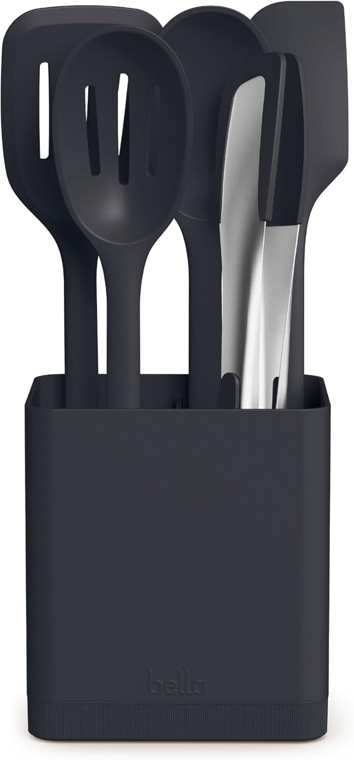 bella 6-Piece Modular Tool Set, Silicone, Turner, Spoon, Slotted Spoon, Spatula, Tongs, Crock with removable divider, Non-toxic*, Food-grade, Heat safe to 425°F, Dishwasher Safe, Slate
