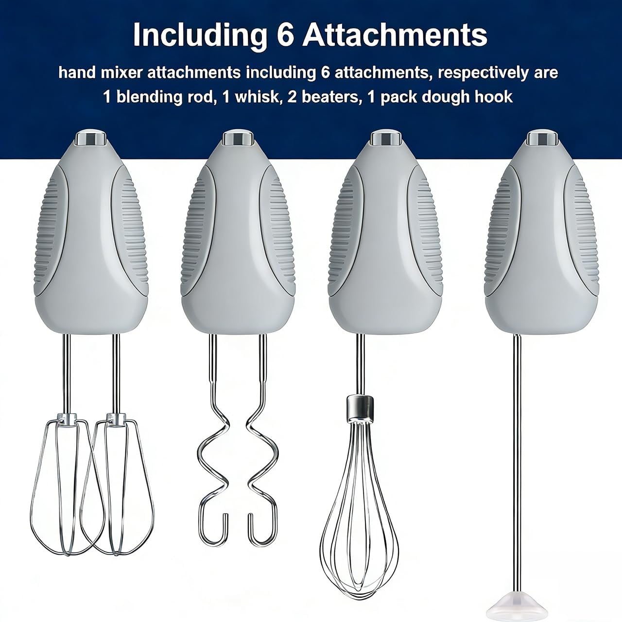 Handheld Mixer Attachments, Stainless Steel Beater Whisk Blending Rod & Dough Hooks, Replacement Compatible with KitchenAid Hand Mixers KHM3 KHM5 KHM7 KHM9, 6-Piece