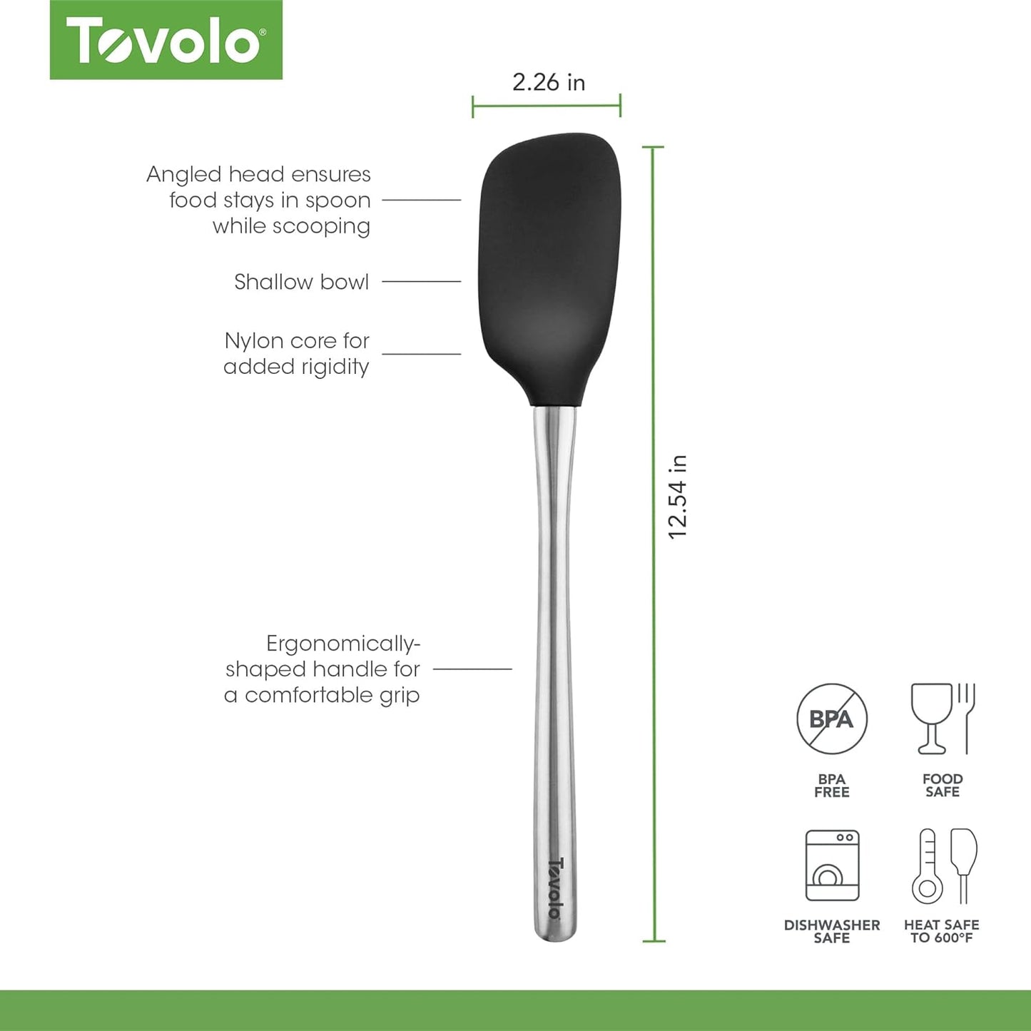 Tovolo Flex Core Silicone Spatula Spoonula Set of 2 for Non Stick Cast Iron Cooking & Baking, Dishwasher Safe Heat Resistant BPA Free Long Stainless Steel Handle Kitchen Utensil, Charcoal Gray