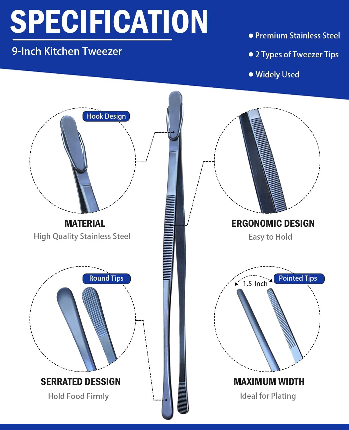 JETKONG 2 Pcs 12-Inch Kitchen Tweezers Fine Tweezer Tongs, Extra-Long Stainless Steel Cooking Tweezers (Silver)