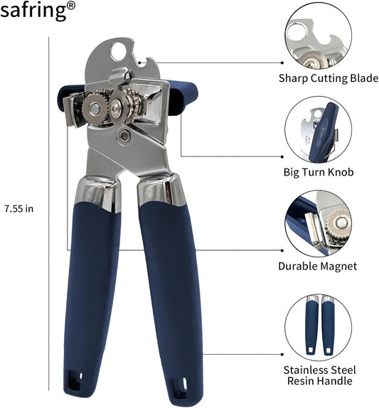 Safring Can Opener Manual with Magnet, Stainless Steel Handheld Heavy Duty Can Opener, Sharp Blade Smooth Edge, Comfortable Handle, Can Openers with Multifunctional Bottle Opener, Red
