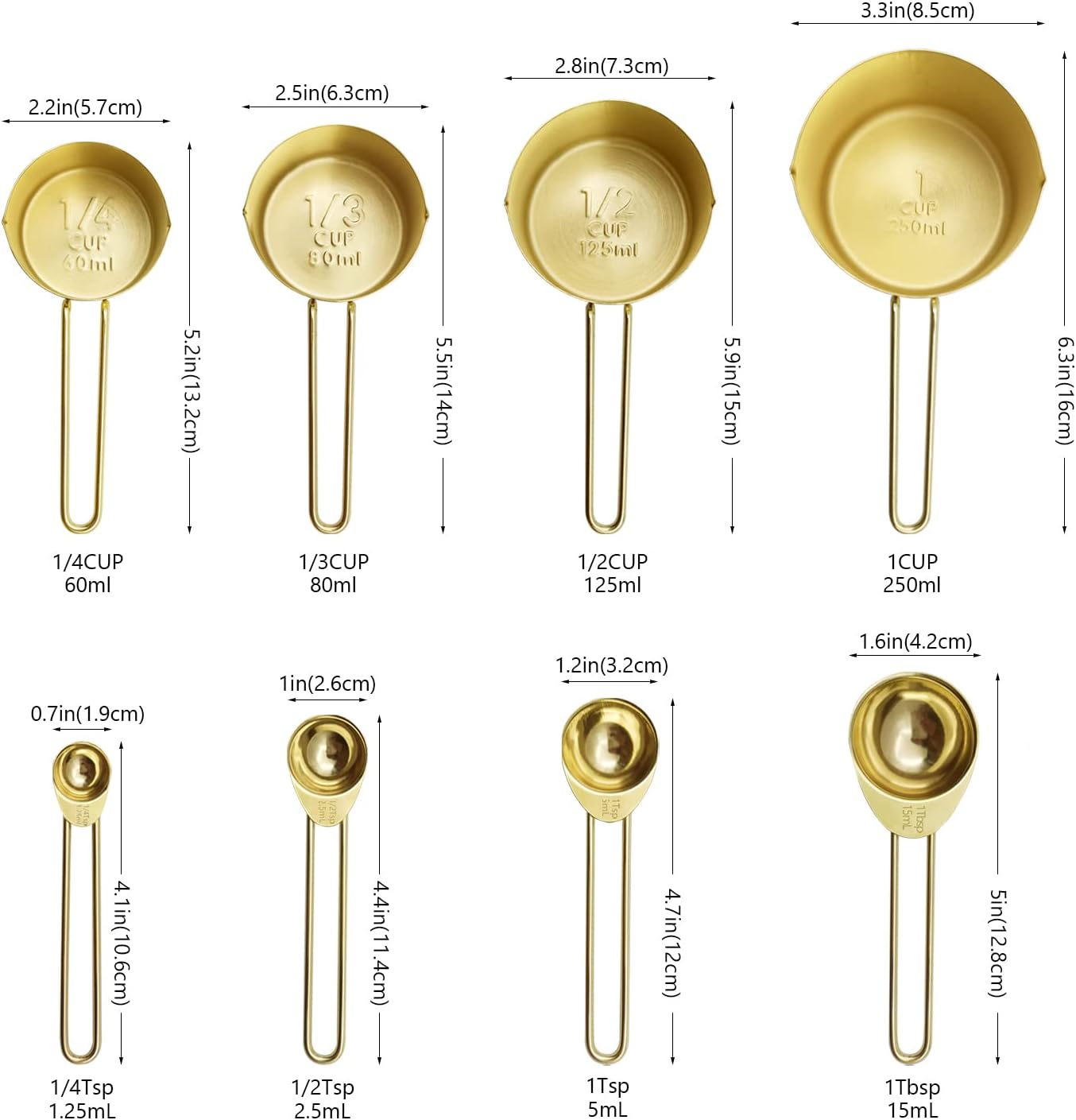 Gold Measuring Cups and Spoons Set with Fragrant Wood Handle, Measuring Cups, Metal Measuring Spoons and Measuring Cup Set for Cooking & Baking, Set of 8 pcs