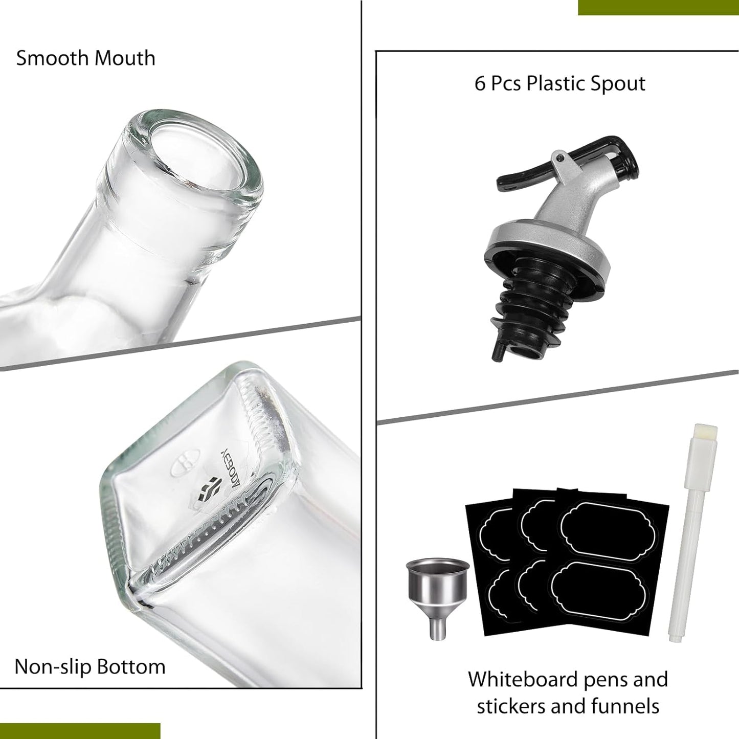 YEBODA 8oz Clear Glass Olive Oil Dispenser Bottles, and Vinegar Cruet Bottle Includes Pourers, Funnel Labels, Cooking Container for Kitchen 6 Pack