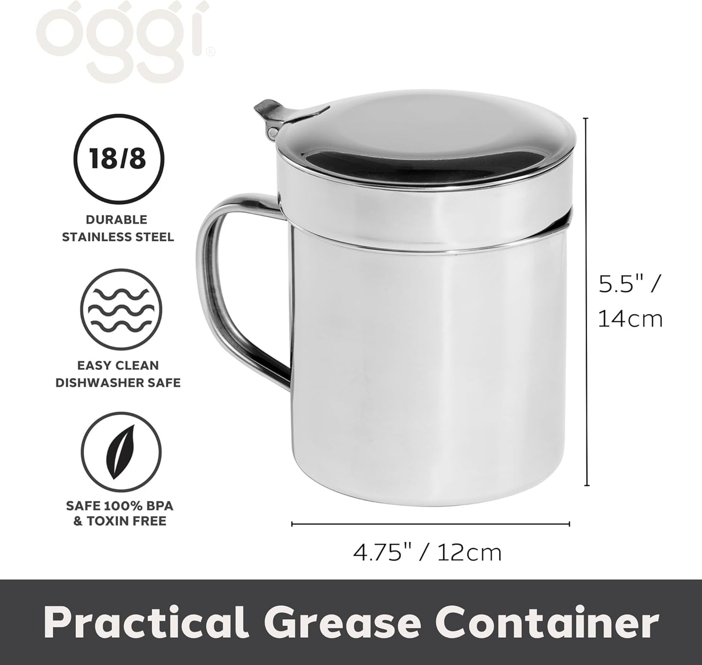 Oggi Stainless Steel Jumbo Grease Container with Removable Strainer and Snug Lid. Perfect container for fryer oil, bacon drippings, lard and ghee oil. Large capacity can - 1 Gall / 4 Qt / 3.75 Lt