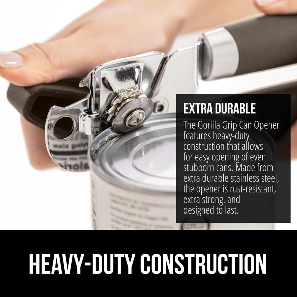 GORILLA GRIP Heavy Duty Stainless Steel Smooth Edge Manual Can Opener and Bottle Openers, US Designed, Soft Comfortable Handle, Oversized Handheld Turn Knob, Multifunctional Kitchen Tool, Black