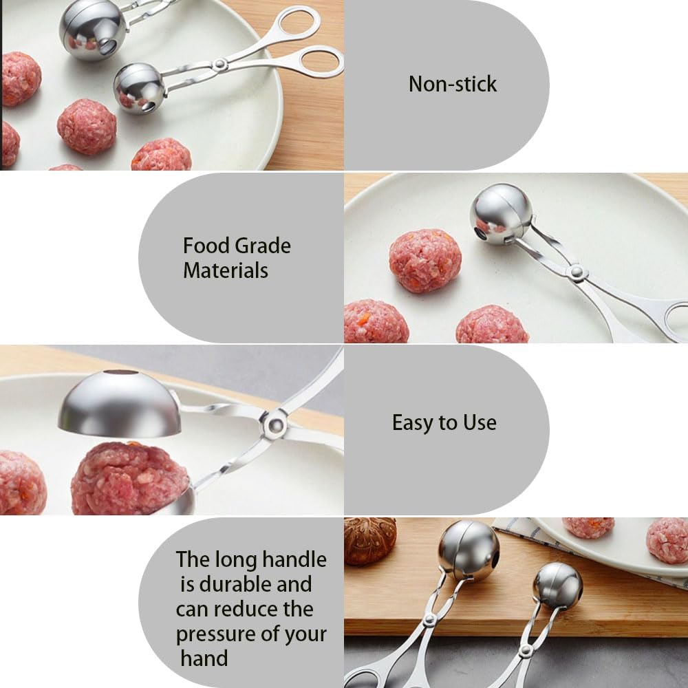 Stainless Steel Meatball Maker Tongs, 2-Pack Large and Small Kitchen Tool Set for Ice Cream Scoops, Rice Balls, Melon Balls, Silver Spring-Loaded Design with Ergonomic Handle, Standard Size