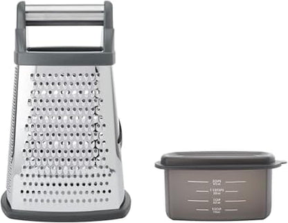 KitchenAid Gourmet 4-Sided Stainless Steel Box Grater for Fine, Medium and Coarse Grate, and Slicing, Detachable 3 Cup Storage Container and Measurment Markings, Dishwasher Safe, 10 inches tall, Black