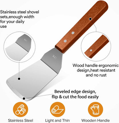 Small Flat Metal Spatula Scraper Set,2 Pcs Stainless Steel Dough Food Scraper Kitchen Tool, Griddle Grill Scrapers for Flat Tops Pancake Pizza Burgers Cooking Cutting Flipping Cleaning, Slant Edge