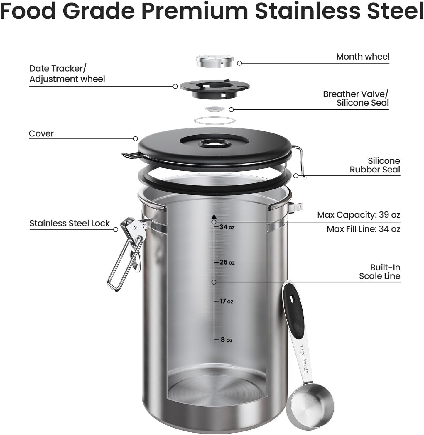 Veken Coffee Canister, Airtight Stainless Steel Kitchen Food Storage Container with Date Tracker and Scoop for Beans, Grounds, Tea, Flour, Cereal, Sugar, Cookie, 16OZ, Cream