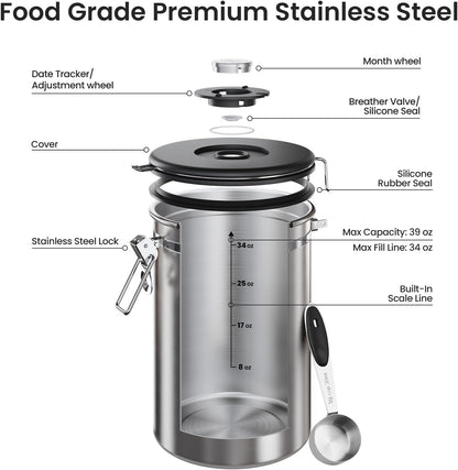 Veken Coffee Canister, Airtight Stainless Steel Kitchen Food Storage Container with Date Tracker and Scoop for Beans, Grounds, Tea, Flour, Cereal, Sugar, Cookie, 16OZ, Cream