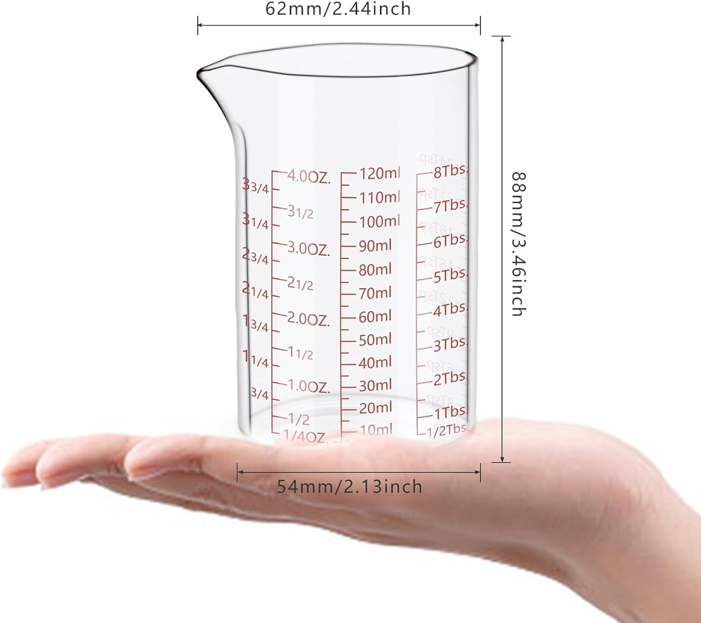 Measuring Cup Set 30ml L(1oz), 60ml (2oz), 120ml (4oz), 250ml (8oz), 4 Piece Glass Liquid Measuring Beakers, High Borosilicate Glass Measuring Cup, V-Shaped Spout